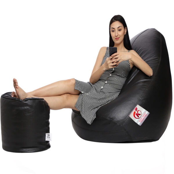 Coaster Shine XXL Artificial Leather Teardrop & Footstool Bean Bag Cover Pack of-2 (Without Bean Filling (Black) - Image 2