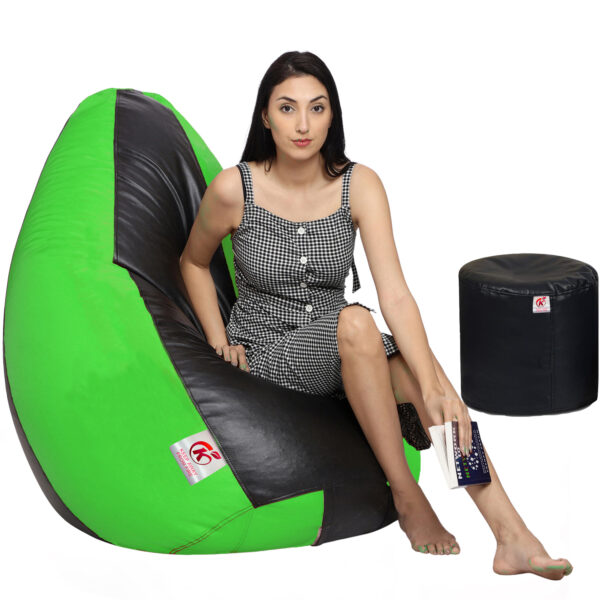 Coaster Shine XXL Artificial Leather Teardrop & Footstool Bean Bag Cover Pack of-2 (Without Bean Filling (Black & Green) - Image 2