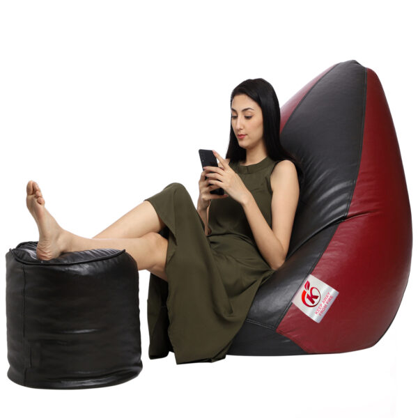 Coaster Shine XXL Artificial Leather Teardrop & Footstool Bean Bag Cover Pack of-2 (Without Bean Filling (Black & Maroon) - Image 2