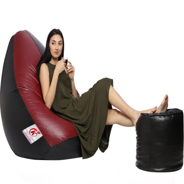 Coaster Shine XXL Artificial Leather Teardrop & Footstool Bean Bag Cover Pack of-2 (Without Bean Filling (Black & Maroon) - Image 3
