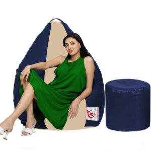 Coaster Shine XXL Artificial Leather Teardrop & Footstool Bean Bag Cover Pack of-2 (Without Bean Filling (Navy &Cream)