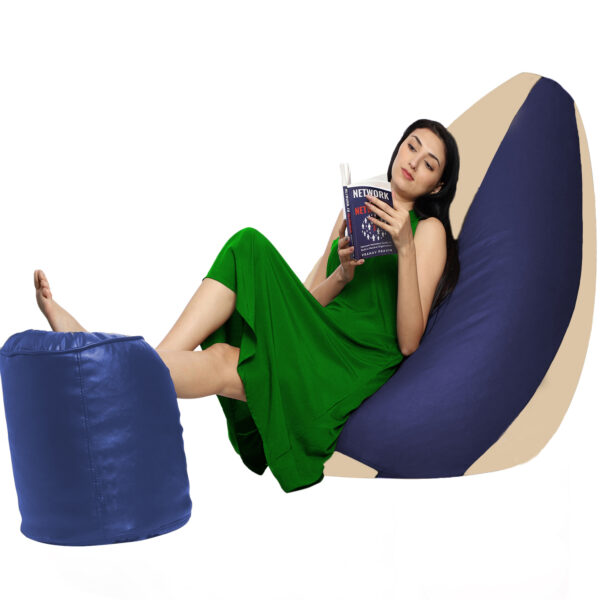Coaster Shine XXL Artificial Leather Teardrop & Footstool Bean Bag Cover Pack of-2 (Without Bean Filling (Navy &Cream) - Image 3