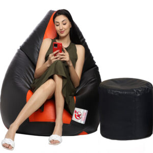 Coaster Shine XXL Artificial Leather Teardrop & Footstool Bean Bag Cover Pack of-2 (Without Bean Filling (Orange & Black)