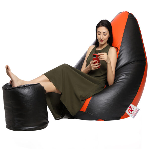 Coaster Shine XXL Artificial Leather Teardrop & Footstool Bean Bag Cover Pack of-2 (Without Bean Filling (Orange & Black) - Image 2