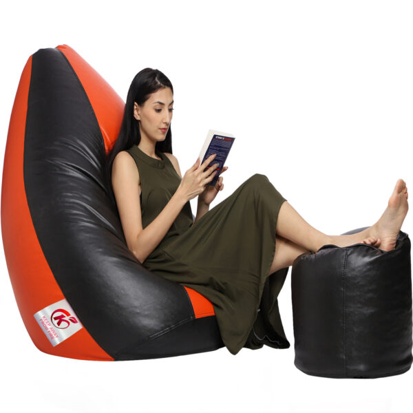 Coaster Shine XXL Artificial Leather Teardrop & Footstool Bean Bag Cover Pack of-2 (Without Bean Filling (Orange & Black) - Image 3
