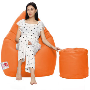 Coaster Shine XXL Artificial Leather Teardrop & Footstool Bean Bag Cover Pack of-2 (Without Bean Filling (Orange)