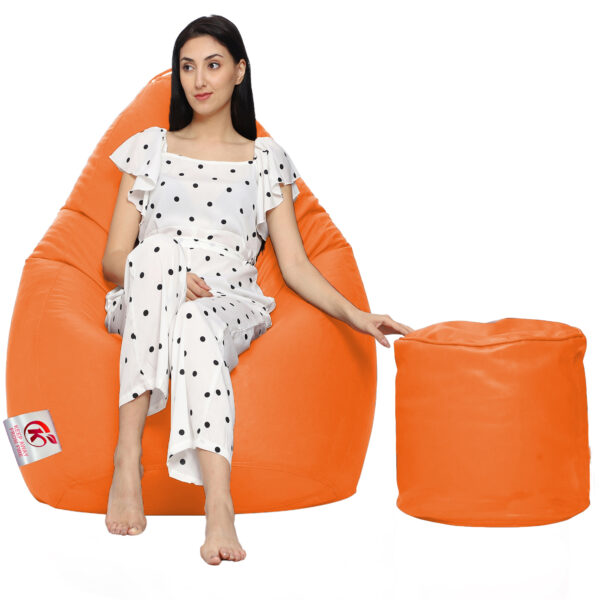 Coaster Shine XXL Artificial Leather Teardrop & Footstool Bean Bag Cover Pack of-2 (Without Bean Filling (Orange)