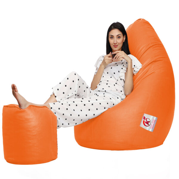 Coaster Shine XXL Artificial Leather Teardrop & Footstool Bean Bag Cover Pack of-2 (Without Bean Filling (Orange) - Image 2
