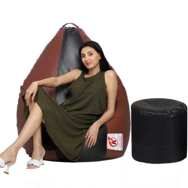 Coaster Shine XXXL Artificial Leather Teardrop & Footstool Bean Bag Cover Pack of-2 (Without Bean Filling (Tan & Black)