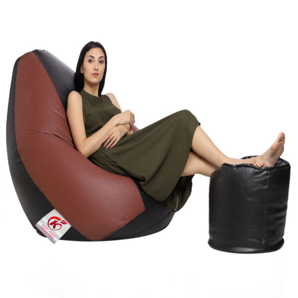 Coaster Shine XXXL Artificial Leather Teardrop & Footstool Bean Bag Cover Pack of-2 (Without Bean Filling (Tan & Black) - Image 2
