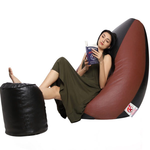 Coaster Shine XXXL Artificial Leather Teardrop & Footstool Bean Bag Cover Pack of-2 (Without Bean Filling (Tan & Black) - Image 3