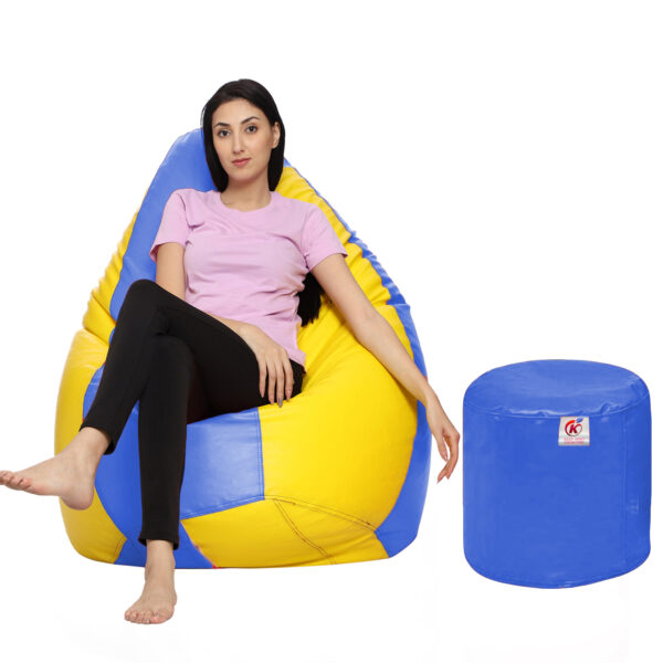 Coaster Shine XXXL Artificial Leather Teardrop & Footstool Bean Bag Cover Pack of-2 (Without Bean Filling (Yellow & Blue)