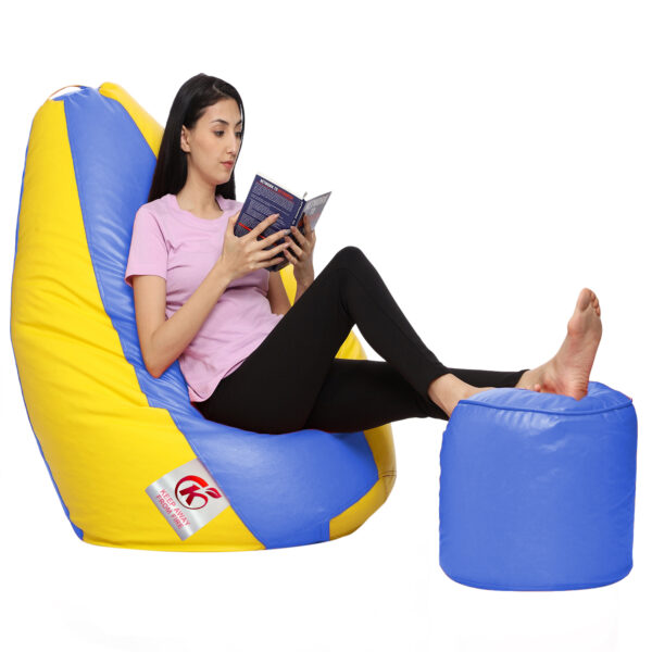 Coaster Shine XXL Artificial Leather Teardrop & Footstool Bean Bag Cover Pack of-2 (Without Bean Filling (Yellow & Blue) - Image 3