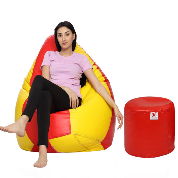 Coaster Shine XXXL Artificial Leather Teardrop & Footstool Bean Bag Cover Pack of-2 (Without Bean Filling (Yellow & Red)