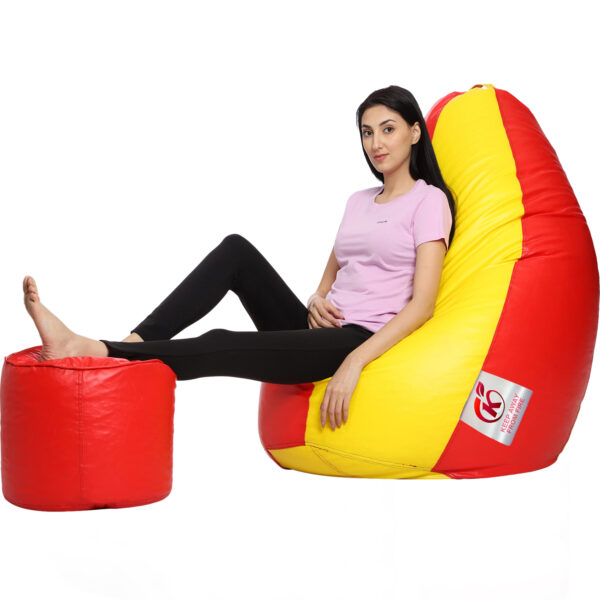 Coaster Shine XXXL Artificial Leather Teardrop & Footstool Bean Bag Cover Pack of-2 (Without Bean Filling (Yellow & Red) - Image 2