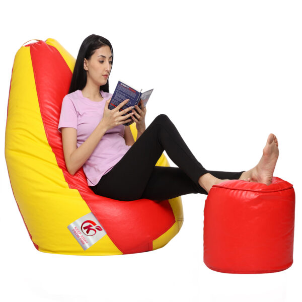 Coaster Shine XXXL Artificial Leather Teardrop & Footstool Bean Bag Cover Pack of-2 (Without Bean Filling (Yellow & Red) - Image 3